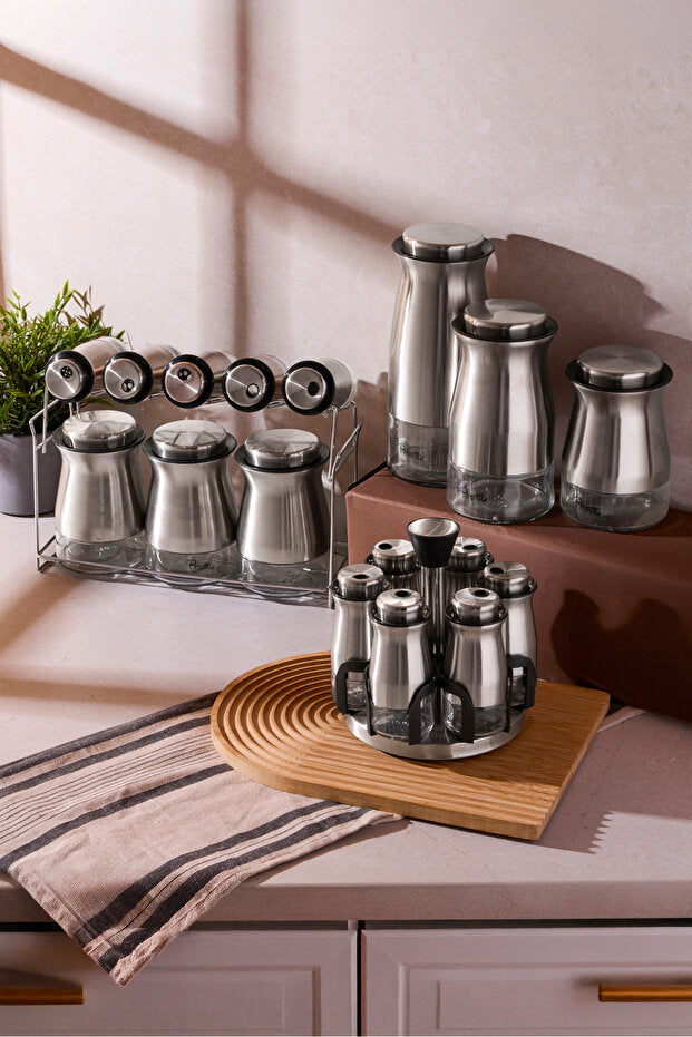 16-Piece Stainless Steel & Glass Spice Jar & Storage Set