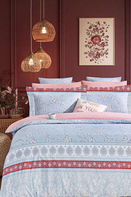 LORA BLUE Double Duvet Cover Set - 100% Cotton & Easy Care