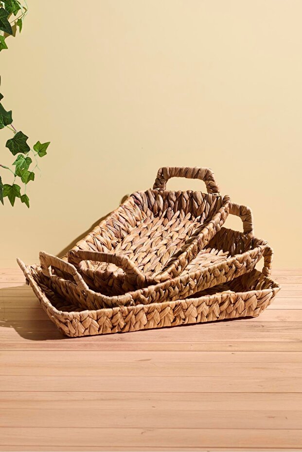 Woven Rectangular Serving Trays - Set of 3 with Handles