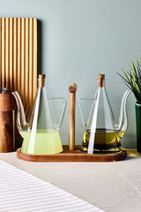 Acacia Stand Oil & Vinegar Dispenser Set - 2 x 500ml Glass Bottles