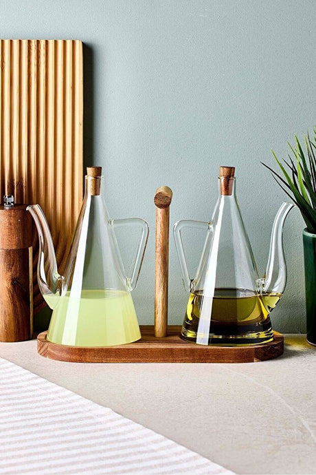Acacia Stand Oil & Vinegar Dispenser Set - 2 x 500ml Glass Bottles