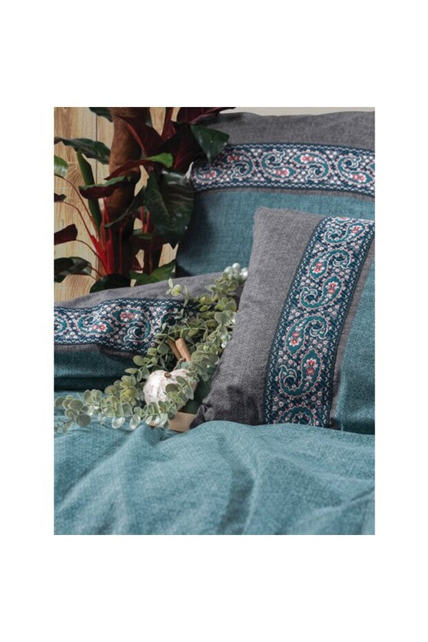 Folk Art Double Duvet Cover Set - 100% Cotton, Erna Petrol