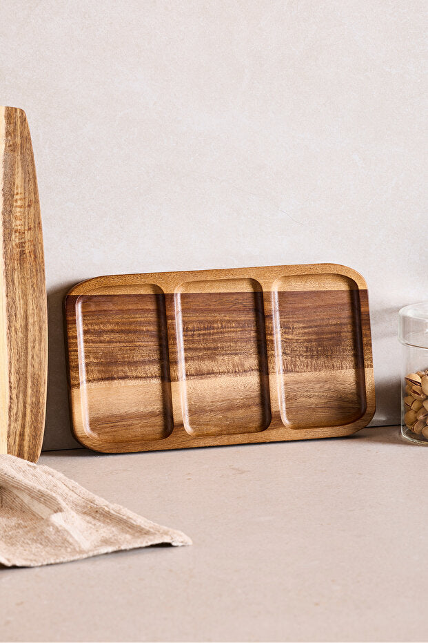 Natural Wood 3 Compartment Snack Serving Tray - 25x14 cm
