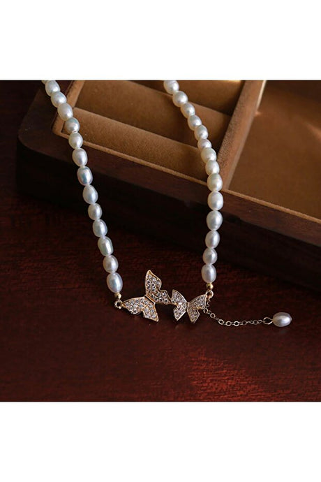 Elegant Butterfly Pearl Gold Tone Choker Necklace