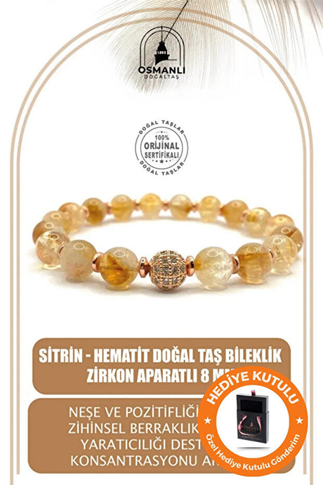 Citrine Hematite Natural Stone Bracelet - 8mm Beads with Zircon Charm