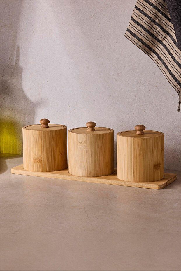 3-Piece Countertop Bamboo Spice Jar Set with Stand