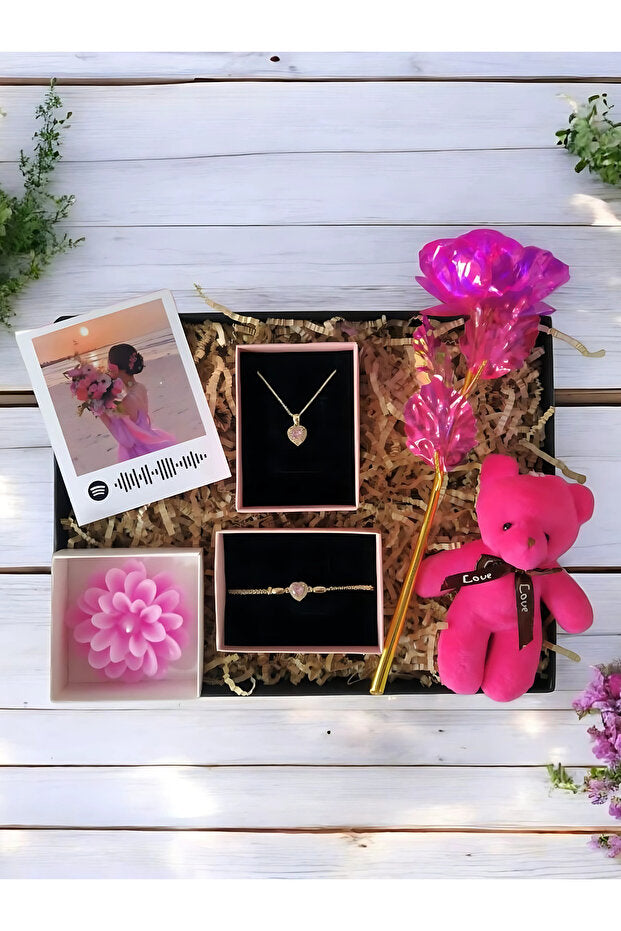 Pink Gold Heart Jewelry & Candle Gift Set with Teddy Bear & Rose