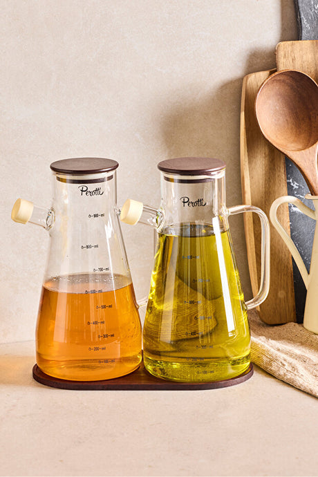 Gael Wood 2-Piece 900ml Borosilicate Oil & Vinegar Dispenser Set with Tray