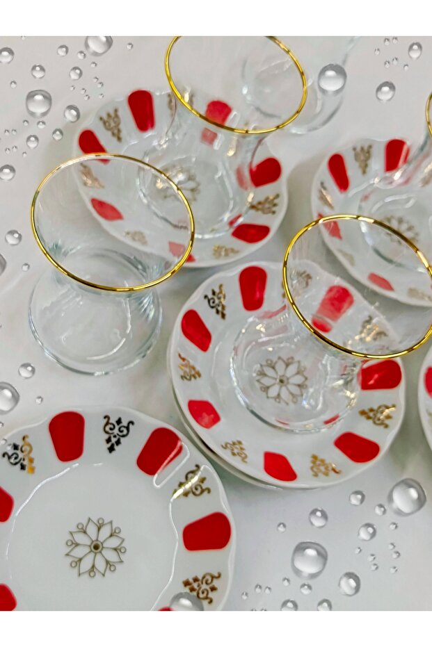 Juego de té de porcelana y vidrio rojo dorado de lujo Samsa - 6 personas
