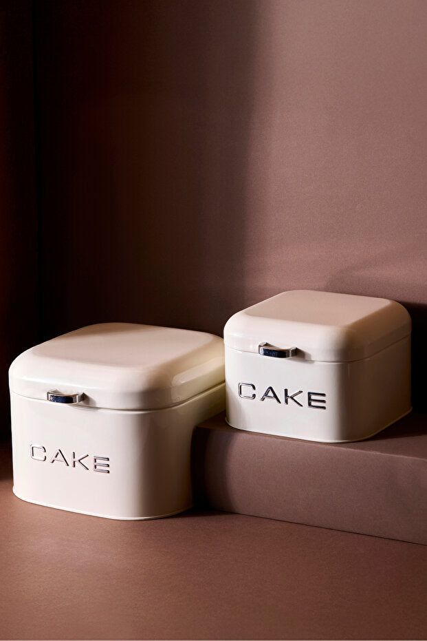 2-Piece Cream Metal Cake & Biscuit Storage Box Set with Lids