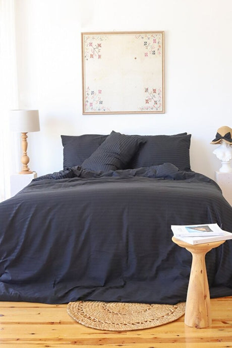 5-Star Hotel Type Double Cotton Sateen Striped Duvet Set - Black