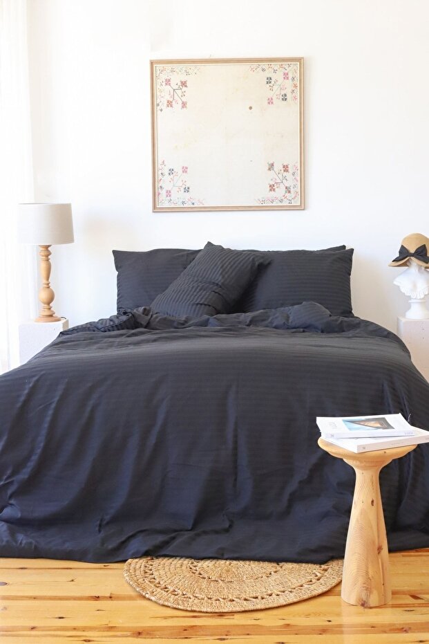 5-Star Hotel Type Double Cotton Sateen Striped Duvet Set - Black