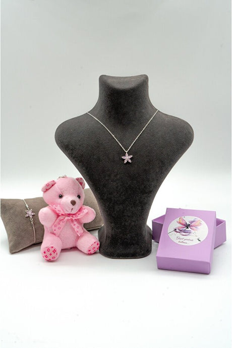 Pink Lotus Silver Necklace, Bracelet & Teddy Bear Gift Set