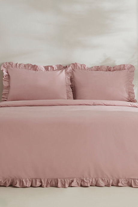Pure Ruffle 100% Cotton Double Duvet Cover Set - Powder Pink