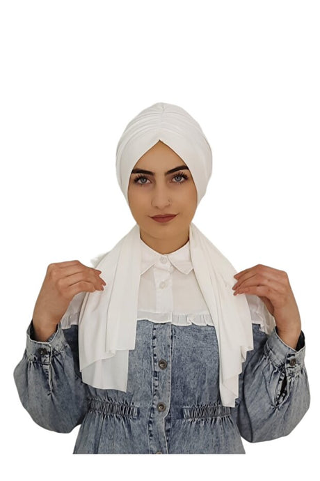 Ready-to-Wear Ecru Turban & Scarf Set - Polyester Fabric