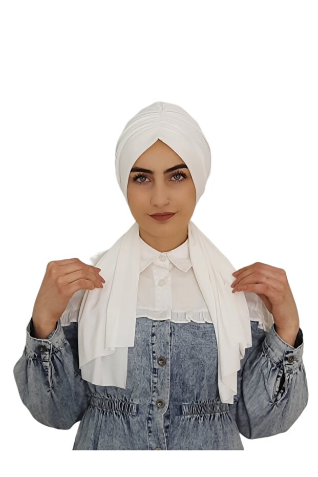 Ready-to-Wear Ecru Turban & Scarf Set - Polyester Fabric