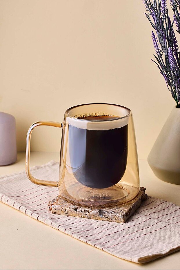 Amber Double Wall Glass Mug - 250ml Insulated Coffee & Tea Cup