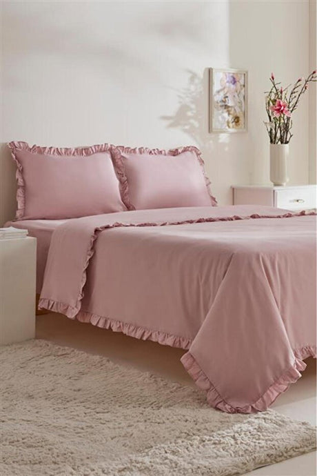 Pure Ruffle 100% Cotton Double Duvet Cover Set - Powder Pink