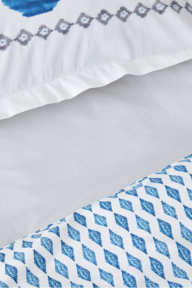 Neos Blue 100% Cotton Double Duvet Cover Set - Ikat Pattern