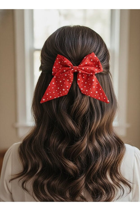 Handmade Red & White Star Pattern Hair Bow - Festive & Stylish