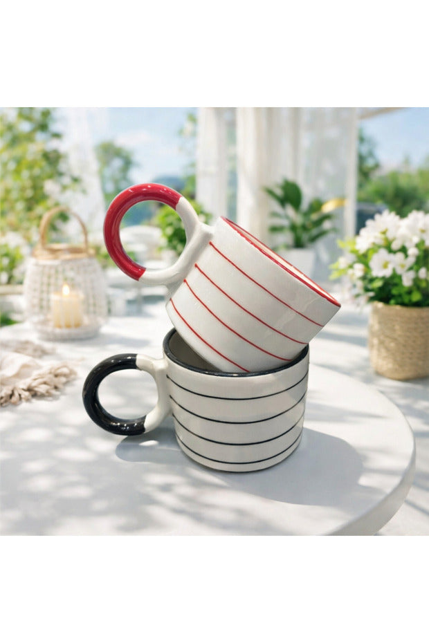 Knot Handle Striped Handmade Ceramic Mug Set - 2 Piece