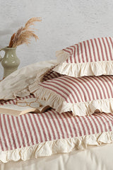 Ensemble de housse de couette double rayée à volants 100 % coton - 4 pièces, 200x220 cm