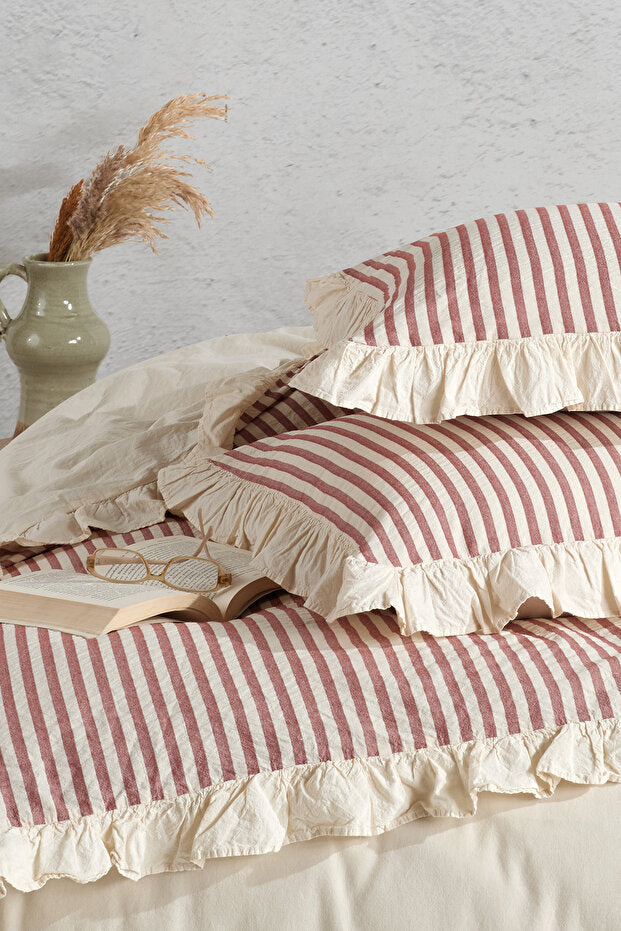 Ensemble de housse de couette double rayée à volants 100 % coton - 4 pièces, 200x220 cm