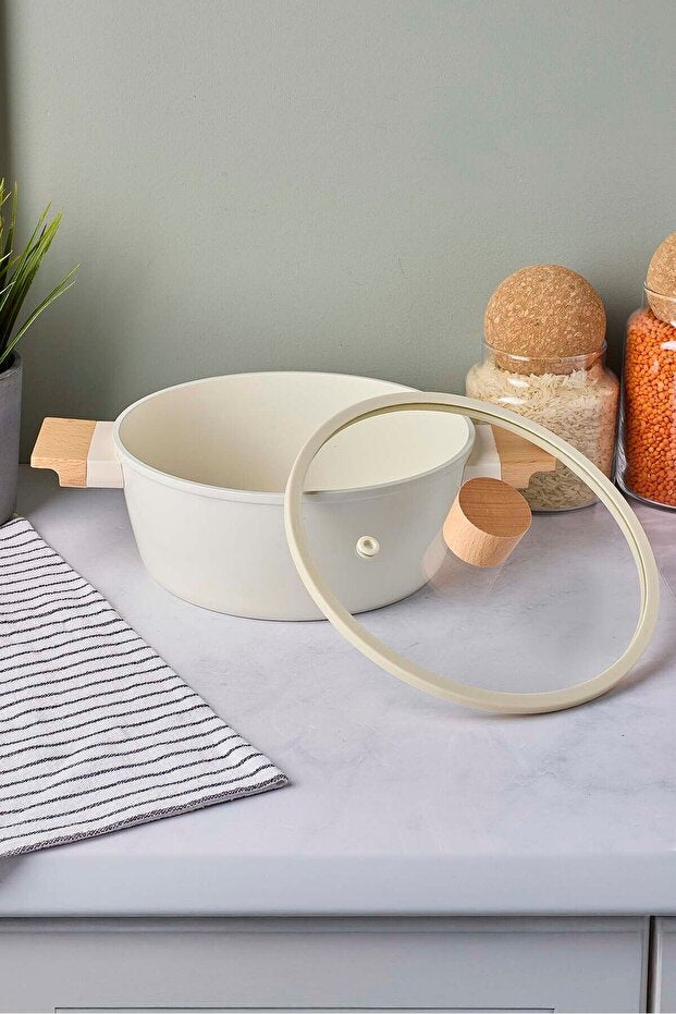 CookWood Beige 20cm Ceramic Deep Pot with Induction Base & Wooden Handles