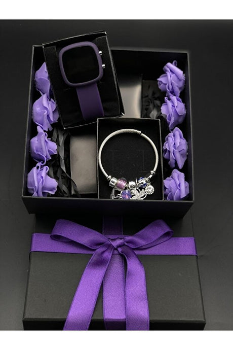 Purple Concept Gift Box - Digital Watch & Charm Bracelet Set