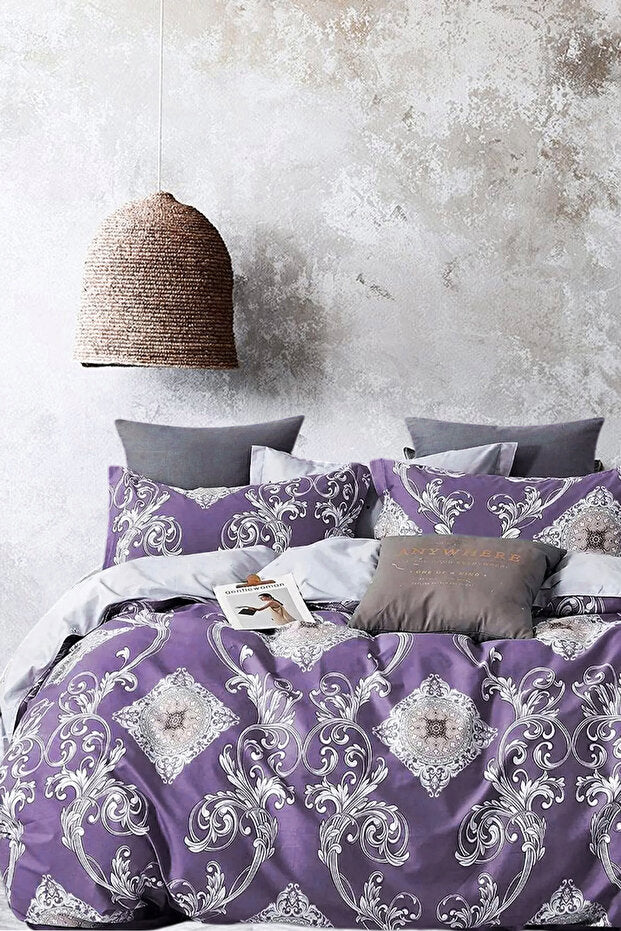 Hanedan Purple Double Duvet Cover Set with Fitted Sheet