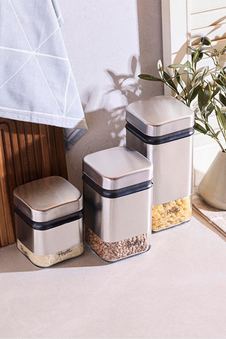 Cubic 3-Piece Glass Storage Jar Set with Airtight Metal Lids