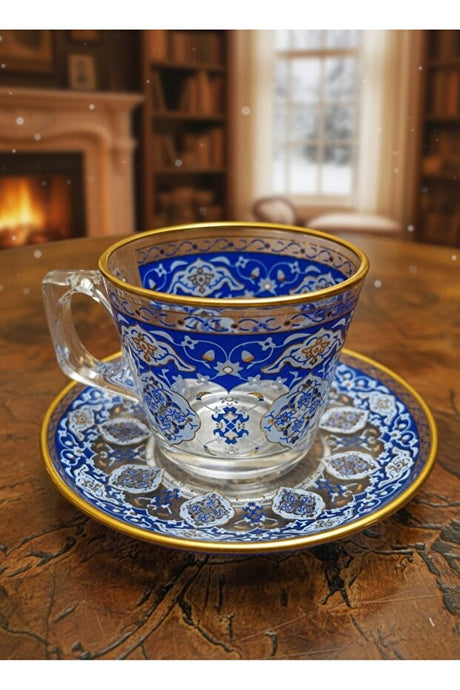 Heat-Resistant Glass Tea Cup & Saucer Set - Ornate Blue & Gold Design