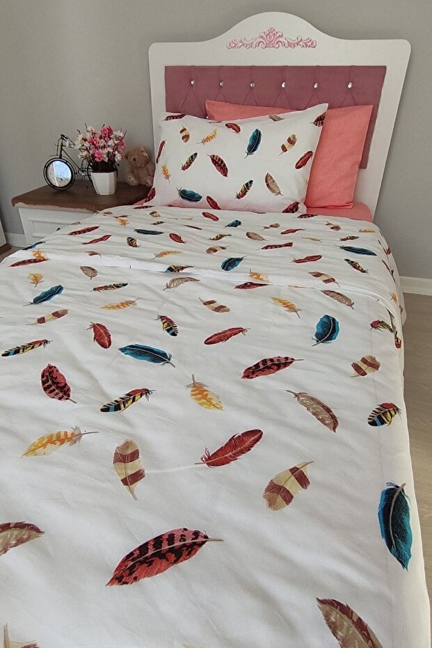 Single Duvet Cover Set - Feather Pattern & Fitted Sheet