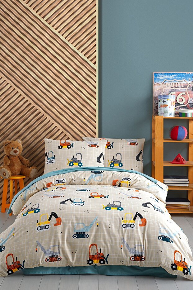 Construction 100% Cotton Single Duvet Cover Set with Fitted Sheet