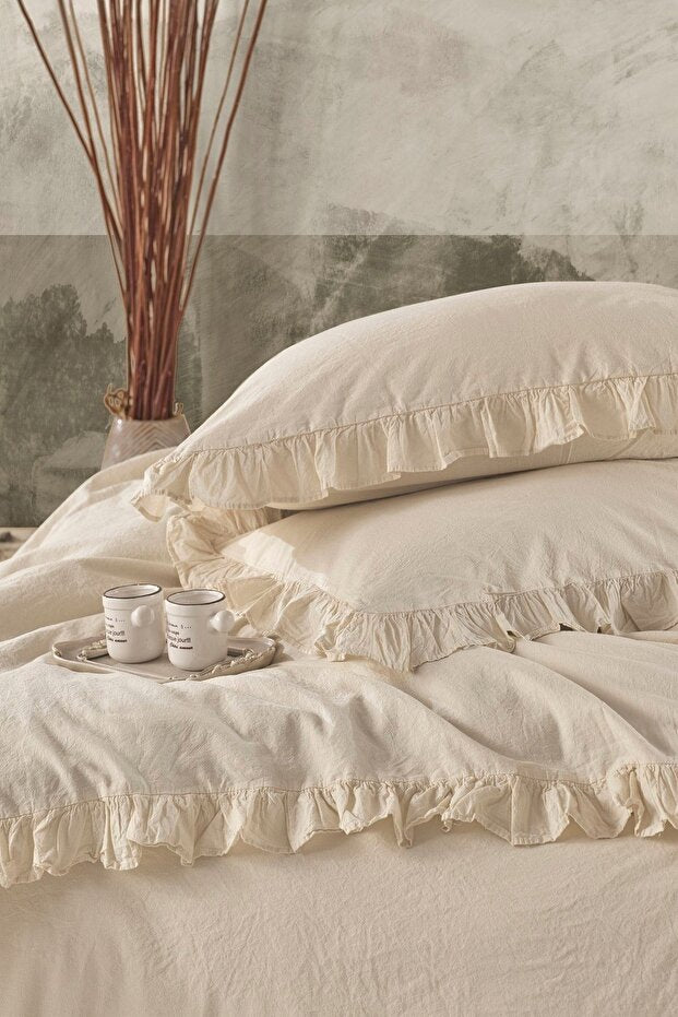 100% Cotton Ruffled Washed Double Duvet Cover Set 200x220cm