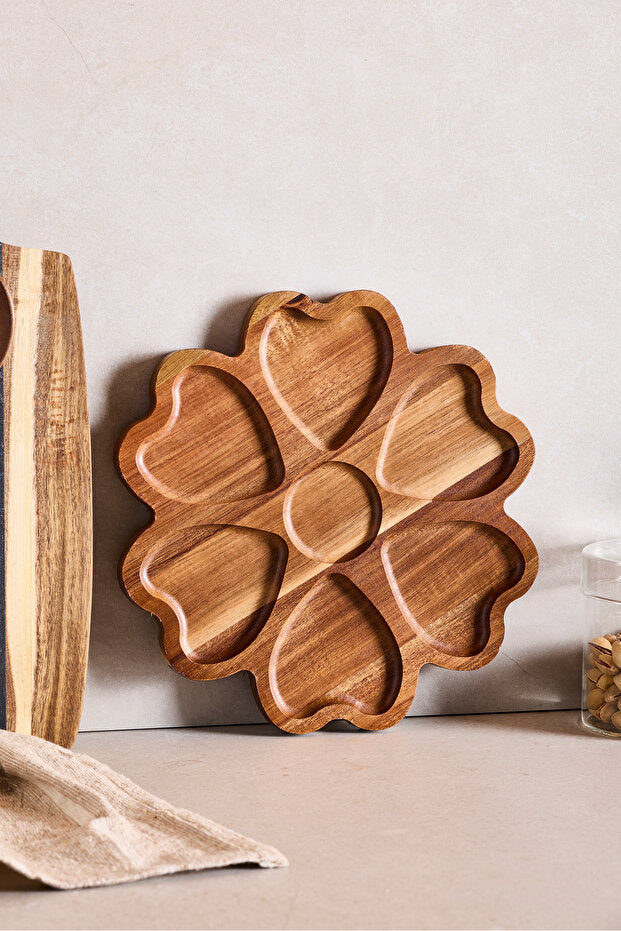 Heart-Shaped Acacia Wood Divided Serving Tray - 25 cm