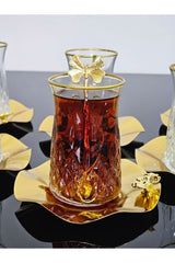 Ensemble de thé turc premium Odin avec cuillères en forme de papillon et soucoupes en métal - Ensemble de 18 pièces