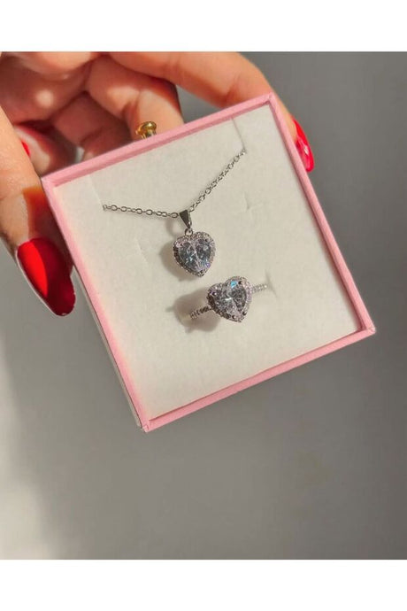 Silver-Plated Zircon Heart Necklace & Ring Set with Couple Teddy Bears