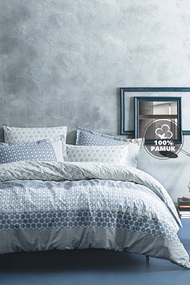 Malin Double Duvet Cover Set - Blue Geometric, 100% Cotton