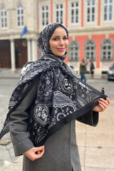 Soft Cotton Shawl - Black & Grey Paisley Pattern