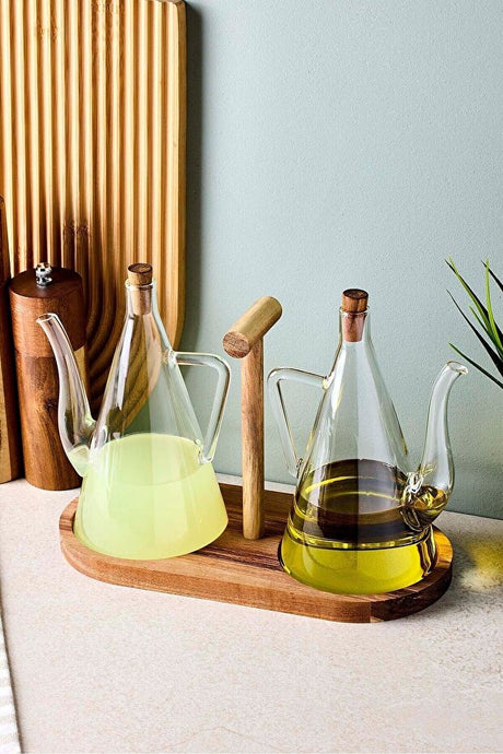 Acacia Stand Oil & Vinegar Dispenser Set - 2 x 500ml Glass Bottles