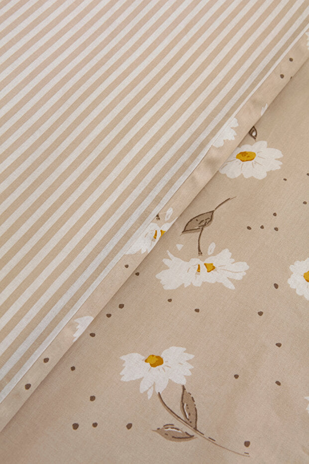 Daisy 100% Cotton Double Duvet Cover Set - Beige, 4-Piece
