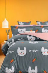 Meow Grey Double Duvet Cover Set - 4-Piece Cotton Bedding