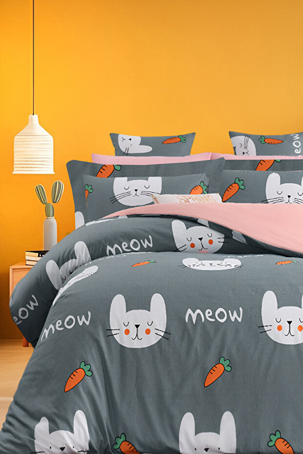 Meow Grey Double Duvet Cover Set - 4-Piece Cotton Bedding