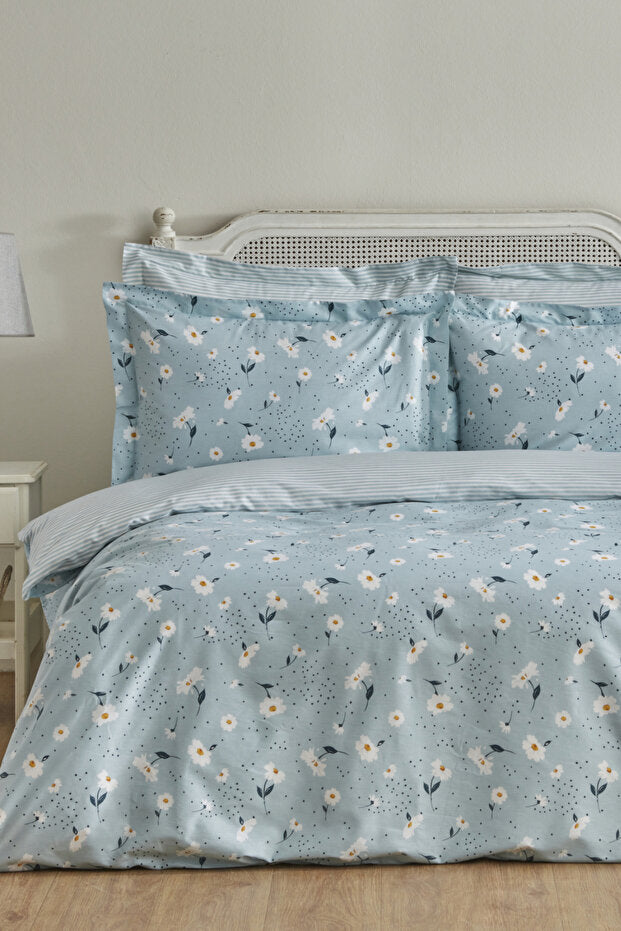 Daisy 100% Cotton Double Duvet Cover Set - Mint Blue