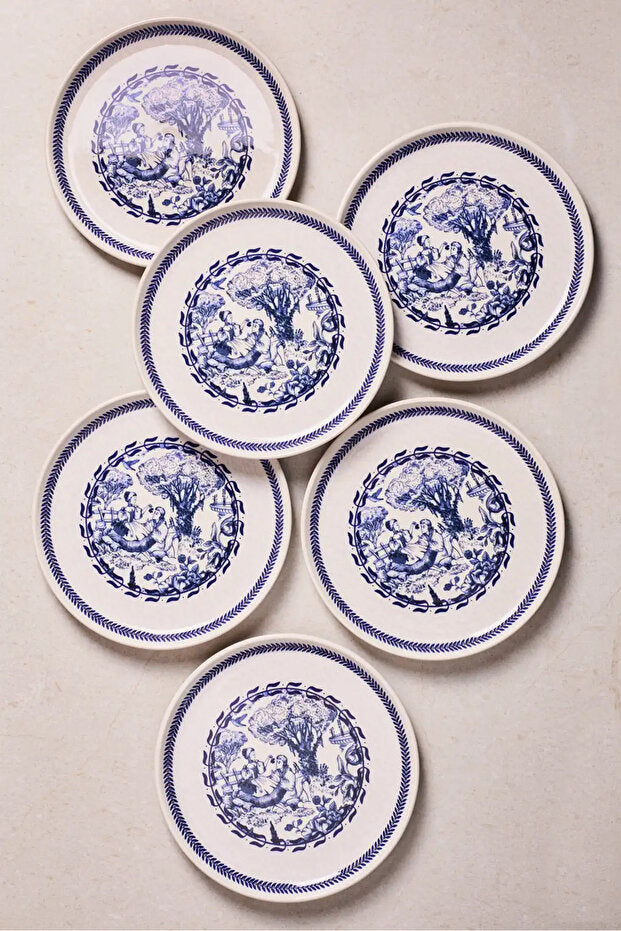French Vintage Blue & White Dessert Plates - Set of 6 (21 cm)