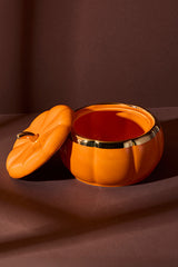 Pumpkin-Shaped Porcelain Storage Jar with Gold Accent - 16.5x8 cm