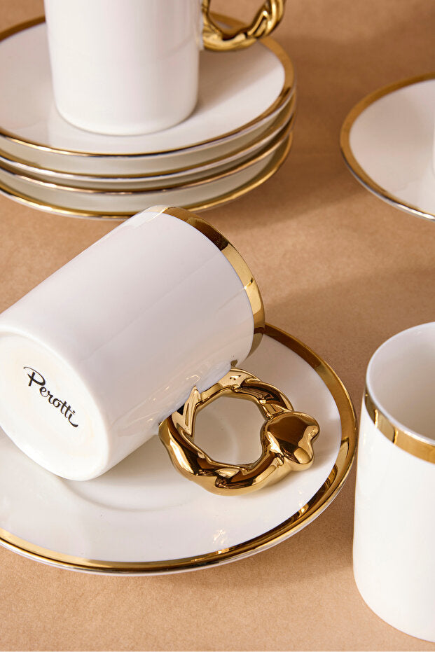 White Porcelain Coffee Set with Gold Handles & Rims - 6 Person