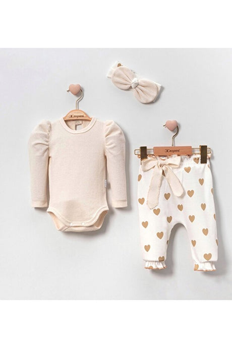 Baby Heart Print Bodysuit & Pants Set - 3-Piece with Headband