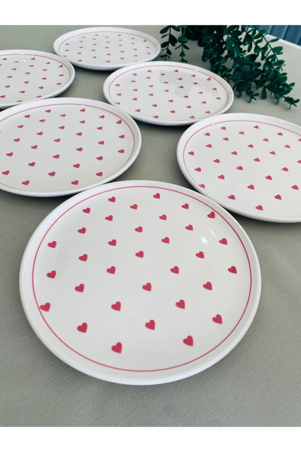 Charming Red Heart 20cm Ceramic Dessert & Serving Plate Set (6 Pcs)